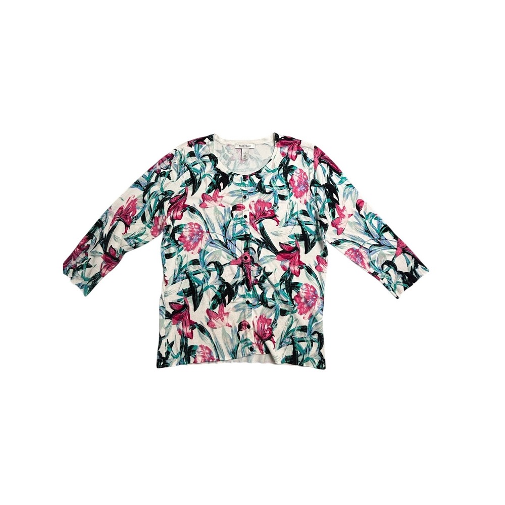 White House Black Market Cardigan Womens Sz L‎ Floral White Pink 3/4 Sleeve